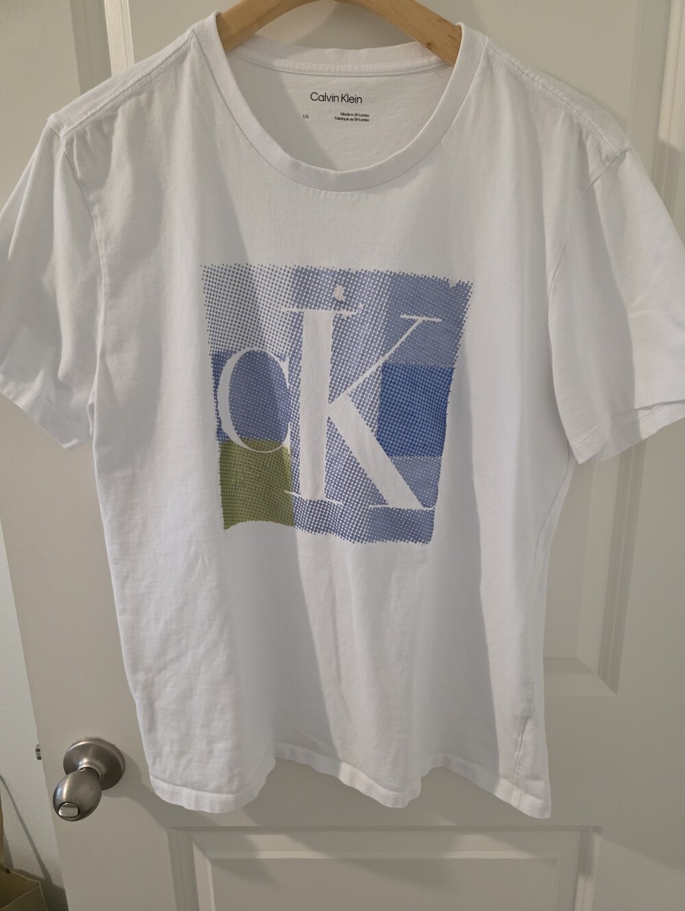 Calvin Klein White Tee with Blue and Green CK Graphic